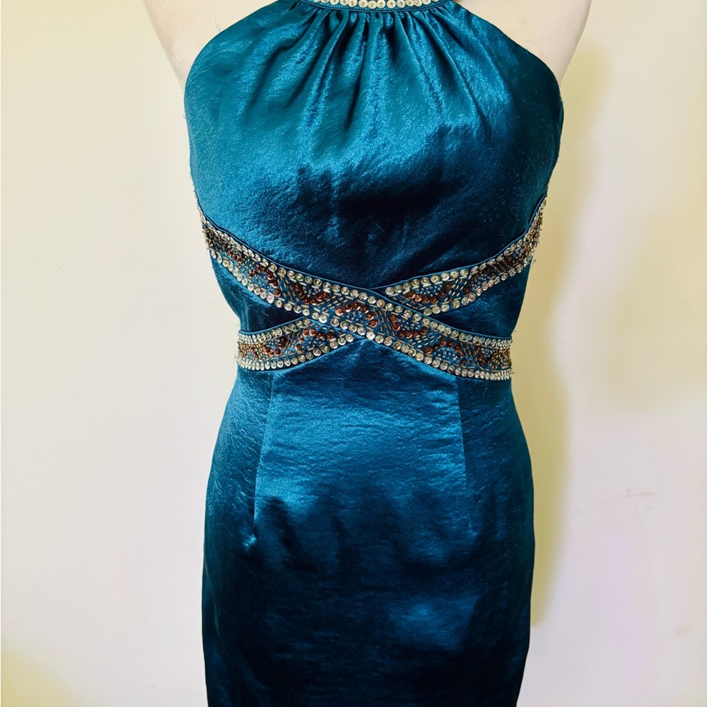 NWT Morgan & Co. US 5/6 Sheath Halter Sequin Metallic Teal Beaded Mini Dress